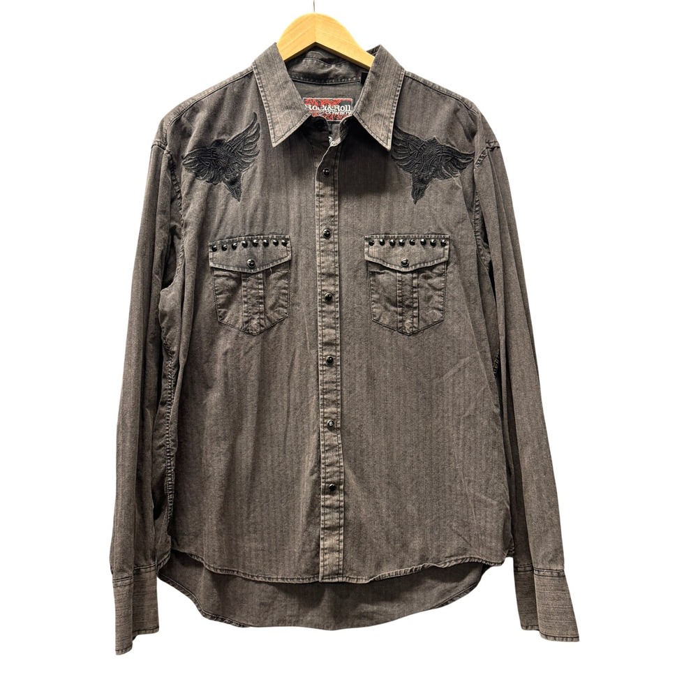 Rock & Roll Cowboy Shirt Mens XL Gray Black Pearl Snap Up Embroidered Western